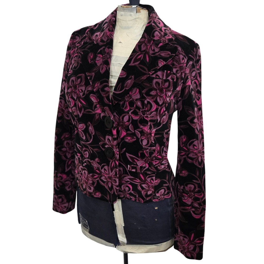 Caslon Womens Petite XS Black Magenta Floral Burnout Velvet Blazer Jacket